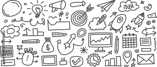 Hand Drawn Business Doodle Icons Set, Sketch Startup Elements, Idea, Growth, Chart, Rocket, Planning, Vector Illustration