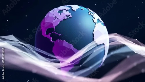 3D Render of Earth Globe with Flowing Data Lines on Abstract Dark Background.