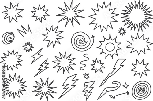 Hand Drawn Doodle Starburst and Lightning Set, Sketch Explosions, Energy Bursts, Spiral Lines, Abstract Vector Illustration