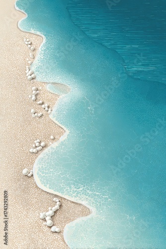 High-angle view of a beach with turquoise water lapping at the sand