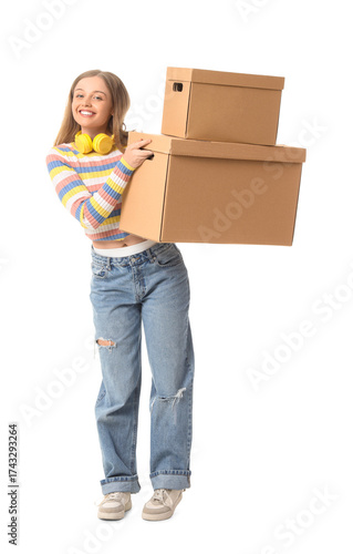 Young woman with cardboard ...