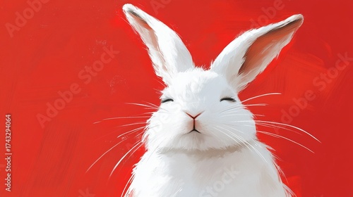 A white bunny with its eyes closed on red