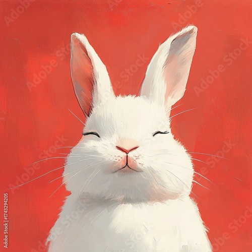 A white bunny with its eyes closed on red