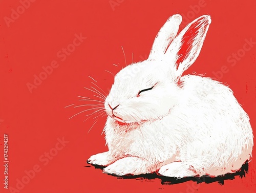 A white bunny with its eyes closed on red