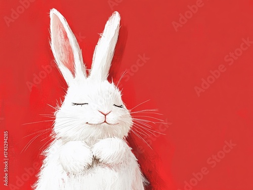 A white bunny with its eyes closed on red