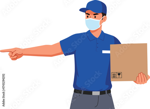 Delivery worker in blue uniform, holding cardboard box, pointing direction, wearing face mask, logistics service, courier, shipping, pandemic safety