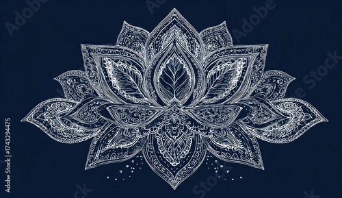 Ornate lotus flower design in delicate white lines on navy background
