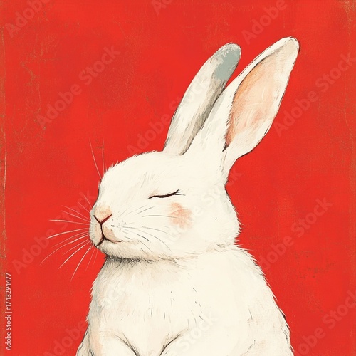 A white bunny with its eyes closed on red