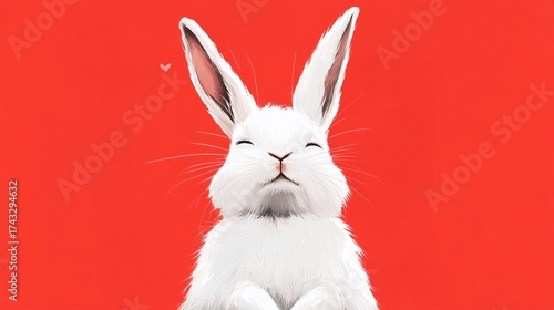 A white bunny with its eyes closed on red