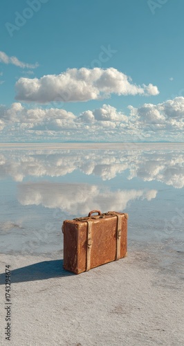 Vintage suitcase on a white, reflective surface under a vast, cloud-filled sky