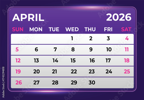 April 2026 Digital Calendar with Glow