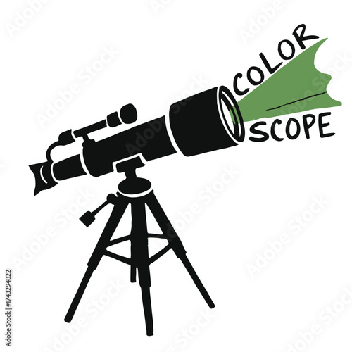A black telescope on a tripod emitting a green colorful scope beam