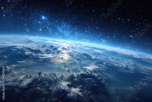 Earth from space, a vast expanse of clouds and stars
