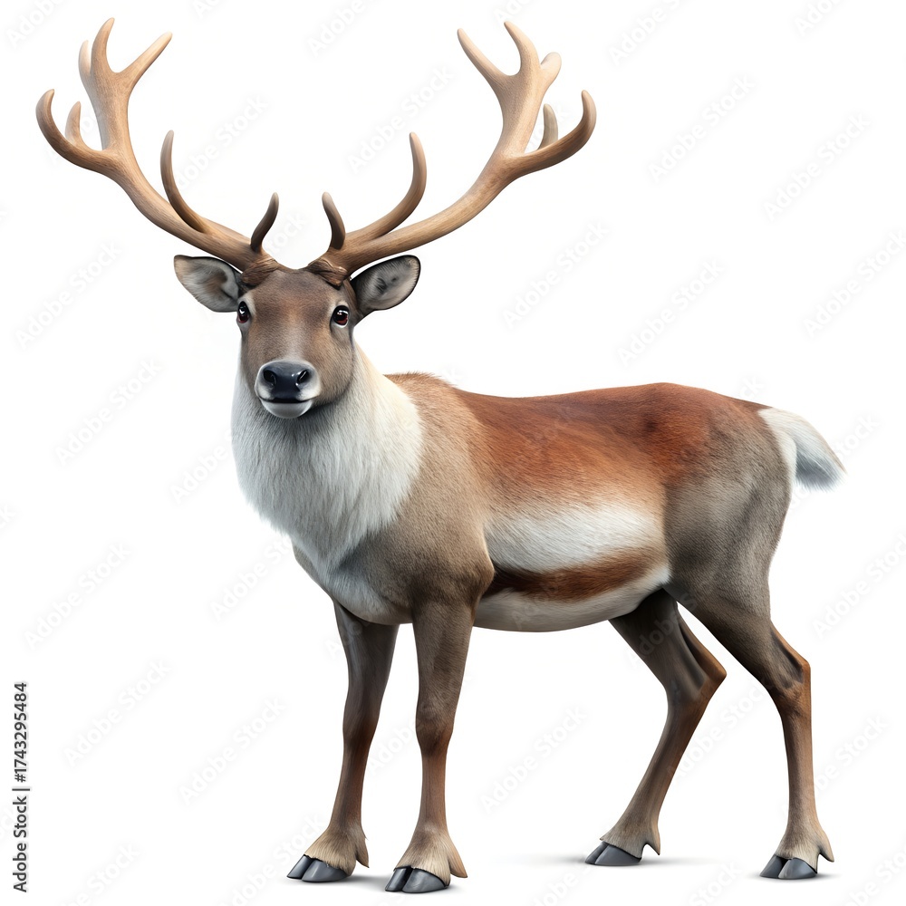 Fototapeta premium Full body illustration of a reindeer with large antlers on white background
