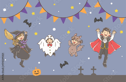 ハロウィンの仮装をしてジャンプしている家族セット