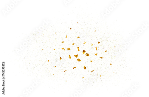 Falling shiny gold confetti. Explosion shimmer particle on carnival party, fireworks spray serpentine on holiday event. Vector bright golden festive tinsel for holiday banner, flyer, invitation