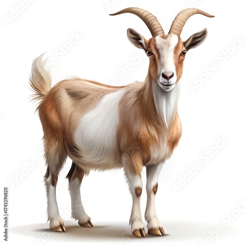 Standing Goat with White and Tan Fur on White Background