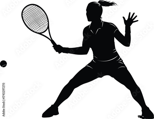 Tennis player silhouette, female athlete, racket action, sports motion, black and white, dynamic pose, fitness, competition, training, outdoor game
