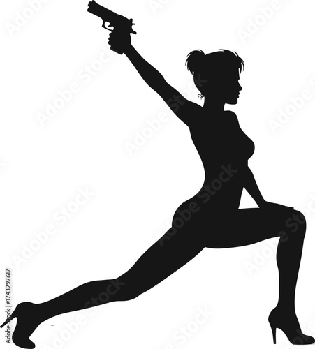 Silhouette, action pose, female spy, dramatic stance, handgun raised, high heels, lunge position, dynamic movement, secret agent, stylish combat
