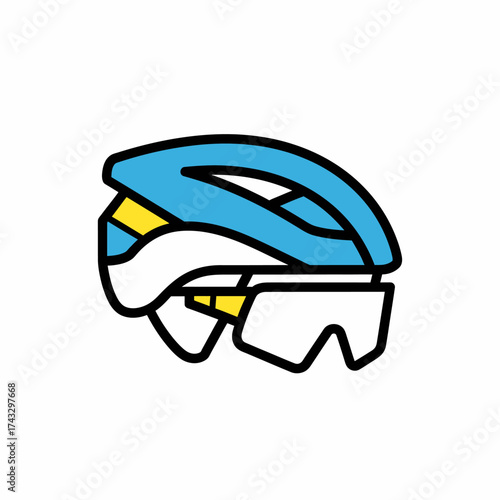 Blue and yellow cycling helmet with goggles, protective gear for athletes