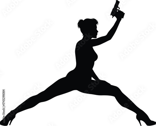 Silhouette, woman, gun, action, dramatic, pose, spy, agent, high heels, split, dynamic, intense, motion, black, shadow, stylish, female, weapon, cinematic, powerful