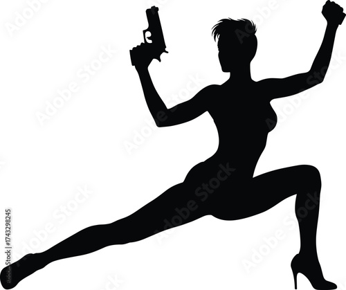 Silhouette, woman, action pose, handgun, dramatic stance, high heels, spy theme, combat, strength, bold, powerful, dynamic, fierce, stylish, weapon, short hair, wide stance, female fight
