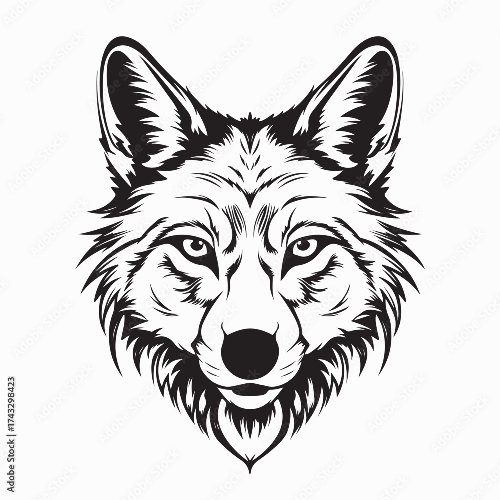Naklejka premium Detailed Vector Illustration of Coyote Head in Monochrome Style