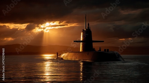 Dramatic military submarine silhouette surfacing at sunset with golden sunbeams breaking through dark storm clouds over calm ocean waters near coastal mountains