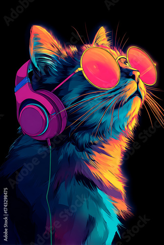 Colorful digital artwork of a cat wearing sunglasses and headphones against a dark background