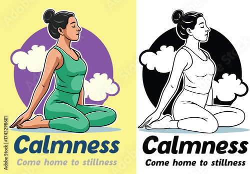yoga illustration  for logo badge with black and white version