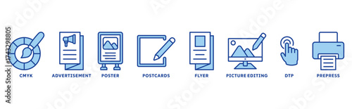 Print icon set illustration concept with icon of flyer, advertisement, poster, postcards, CMYK, picture editing, DTP,  prepress