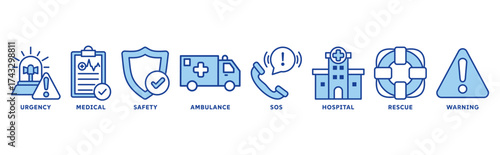 Emergency icon set illustration concept with icon of urgency, medical, safety, ambulance, sos, hospital, rescue, warning