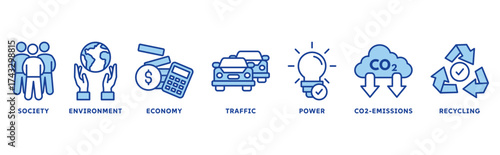 Sustainability icon set illustration concept with icon of society, economic, traffic, power, co2 emission, recycling