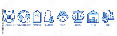 IPO icon set illustration concept with icon of crowdfunding, public company, approved, investor, trust, equity, stock, risk