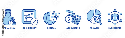 Fintech icon set illustration concept with icon of financial, technology, digital, accounting, analysis, blockchain