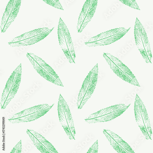 Mint leaves stamps on light backgrouns, green pattern 