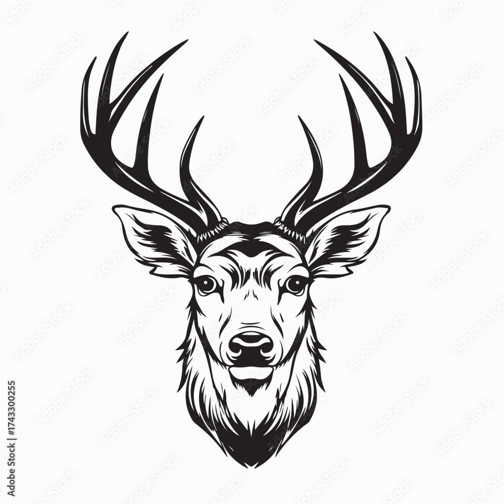 Naklejka premium Black and White Vector Illustration of Deer Head with Graceful Antlers