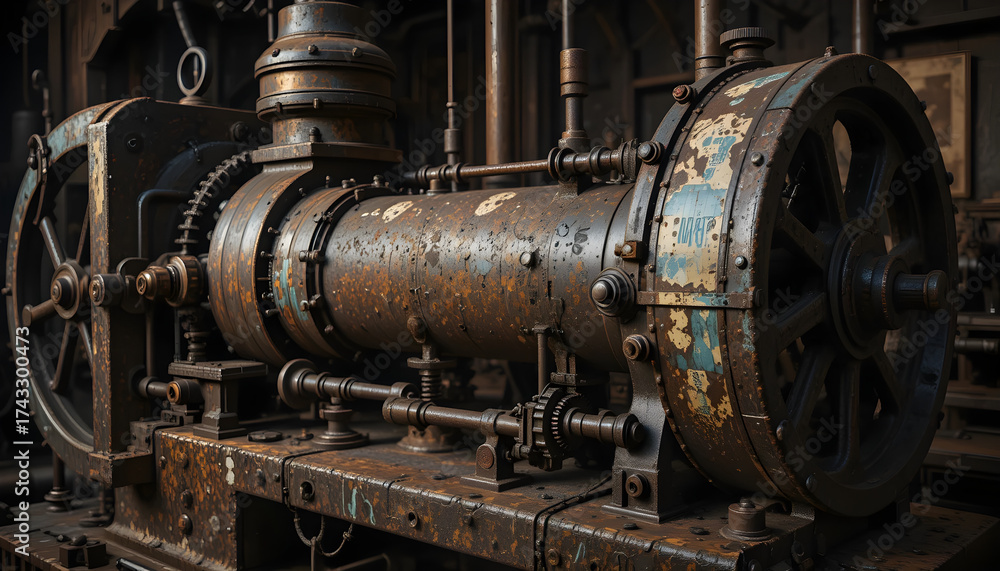 Naklejka premium A Detailed View Of An Old Industrial Steam Engine Featuring Rusted Metal Components, Including Gears, Pistons, Flywheels, And A Large Cylindrical Chamber