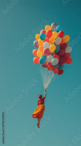 A woman in a red dress floats upward, held aloft by a cluster of colorful balloons against a clear blue sky.