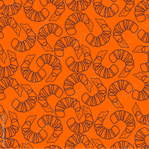 Doodle tempura fried shrimp pattern. Seamless pattern of tempura shrimp pattern. Crispy shrimp pattern background. Shrimp illustration background. Seafood vector illustration.
