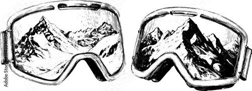 Vintage ski goggles depicting mountains in detailed line drawing. A black and white vector illustration highlighting outdoor sports and adventure.