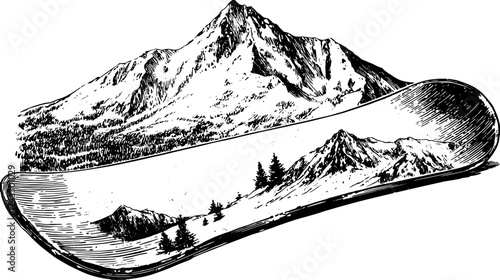 Snowboard illustration featuring a mountainous landscape. Vintage engravings in black and white, part of a set for outdoor and winter sports vector designs.