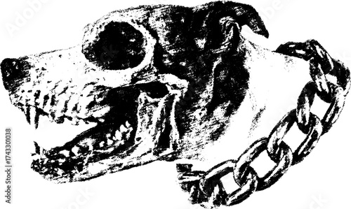 Dog skull with a chain, illustrated in a bold monochrome style. A unique vector illustration featuring vintage design and eerie details.