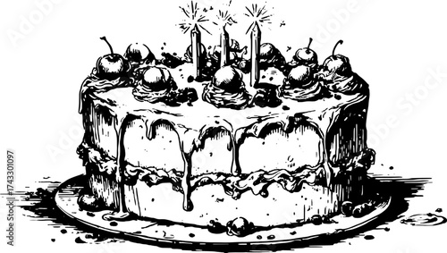 Vintage birthday cake illustration featuring a decorated dessert with cherries and candles. Line drawing in black and white vector style.