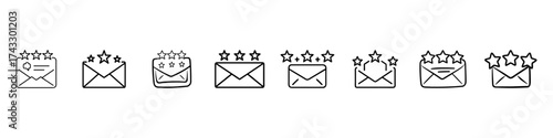 Email Feedback and Rating Line Icons Vector Set – Customer Review, 5-Star Message, Testimonial, User Opinion, Customer Satisfaction, Star Rating and Feedback Symbols