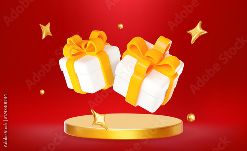 3d golden podium with white flying gift box, stars, ball. Christmas, birthday, offer, ads, promotion. Stock vector illustration on red isolated background.