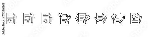 Creative Brief and Idea Document Line Icons Vector Set – Notes, Pencil, Light Bulb, Idea Document Line Icons – Creative Brief, Notes, Pencil, Bulb