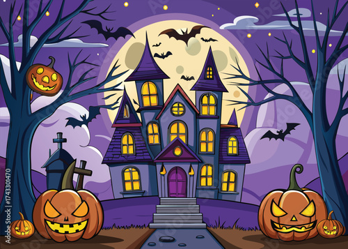 Spooky haunted mansion with glowing jackolanterns and flying bats under a full moon halloween
