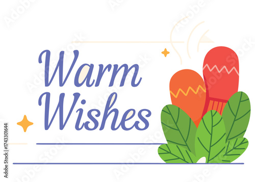 Script lettering warm wishes with mittens and leaves orange