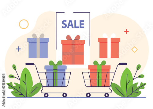 Shopping carts with gifts and sale announcement boxes ribbons